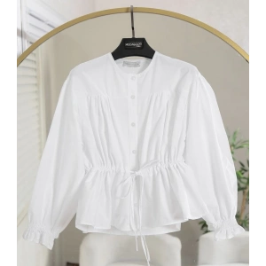 Kolları Lastikli Belden Bağlamalı Gömlek beyaz