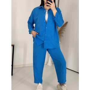 Mavi Keten Pantolon Gömlek İkili Takım