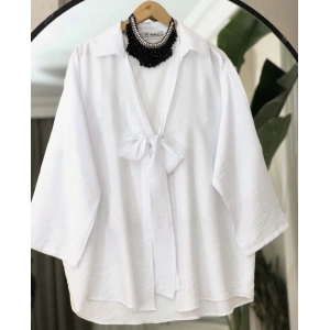 Ön Bağlamalı Kimono Keten Gömlek Beyaz