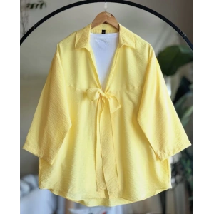 Ön Bağlamalı Kimono Keten Gömlek Sarı