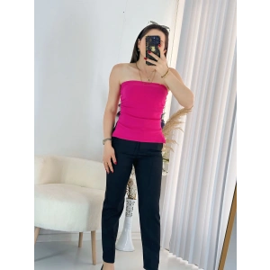 Pembe Çift Yırtmaçlı Straplez Bluz