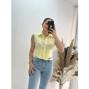 Sarı Sıfır Kol Beli Gipe Lastikli Korseli Poplin Gömlek