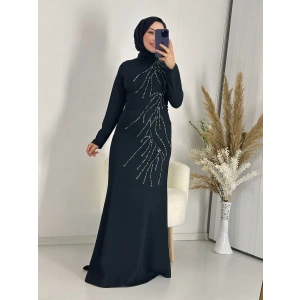 Taş Detay Abiye Elbise Siyah
