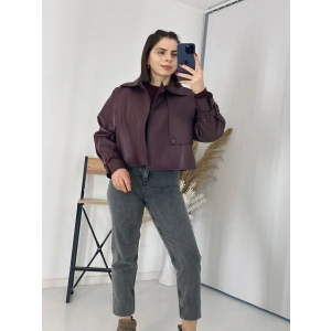 Tasarım Parçalı Kısa Deri Ceket Bordo