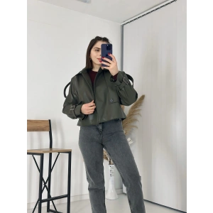 Tasarım Parçalı Kısa Deri Ceket Haki