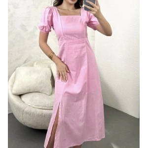 TOZ PEMBE SIRT DEKOLTE KETEN ELBİSE