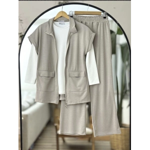 Yelekli Fermuarlı Üçlü Takım Bej