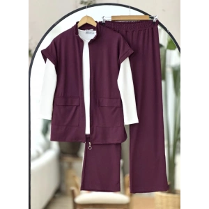 Yelekli Fermuarlı Üçlü Takım Bordo