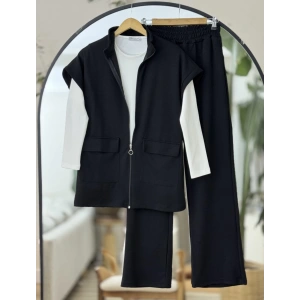 Yelekli Fermuarlı Üçlü Takım Siyah