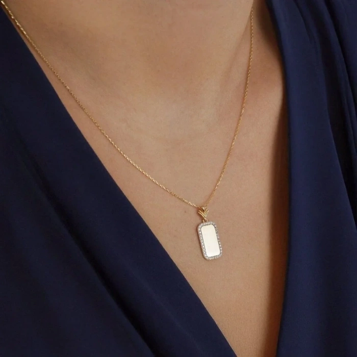 14 Ayar Altın  Çerçeve Taşlı Kolye