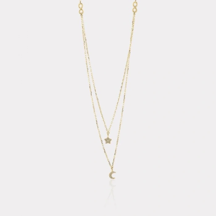 14 Ayar Altın Çiftli Ay Yıldız Kolye