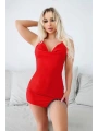 Morliva Bacak Kısmı Boncuk Detaylı Kırmızı Mini Fantezi Gecelik