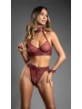 Bordo Tül Büstiyerli Özel Bölgesi Açık Kelepçeli Fantezi Deri Takım