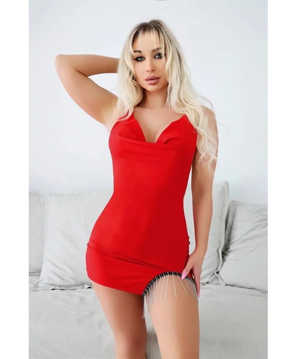 Morliva Bacak Kısmı Boncuk Detaylı Kırmızı Mini Fantezi Gecelik