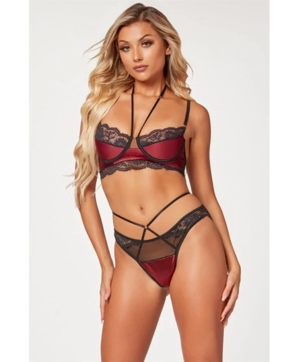 Bordo Dantel İşlemeli Fantezi Sütyen Külot Takımı