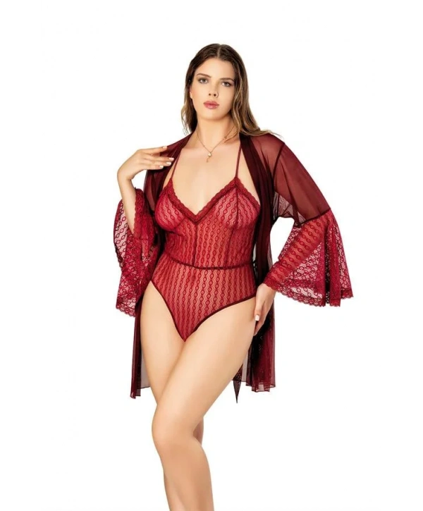 Bordo Sırt Detaylı Fantezi Tül Gecelik Body