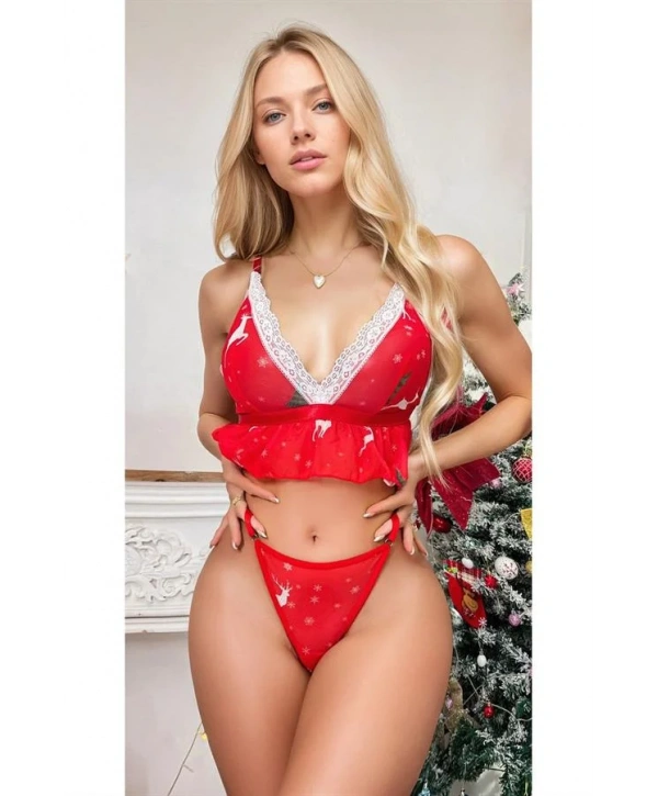 Fantezi Kırmızı Özel Yılbaşı Desenli Sütyen Tanga