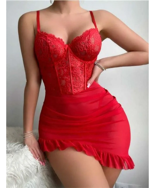 Arias Closet Fırfırlı Dantel İşlemeli Tül Fantezi Kırmızı Gecelik