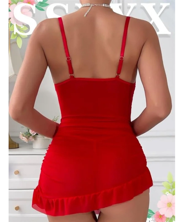 Arias Closet Fırfırlı Dantel İşlemeli Tül Fantezi Kırmızı Gecelik