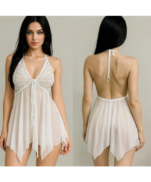 Morliva Göğüs Kelebek Detaylı Fantezi Tül Beyaz Gecelik