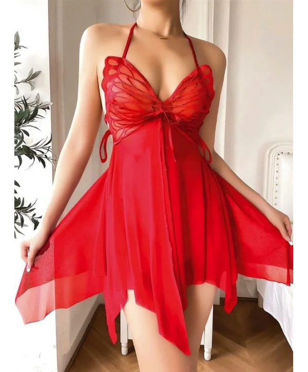 Morliva Göğüs Kelebek Detaylı Fantezi Tül Kırmızı Gecelik