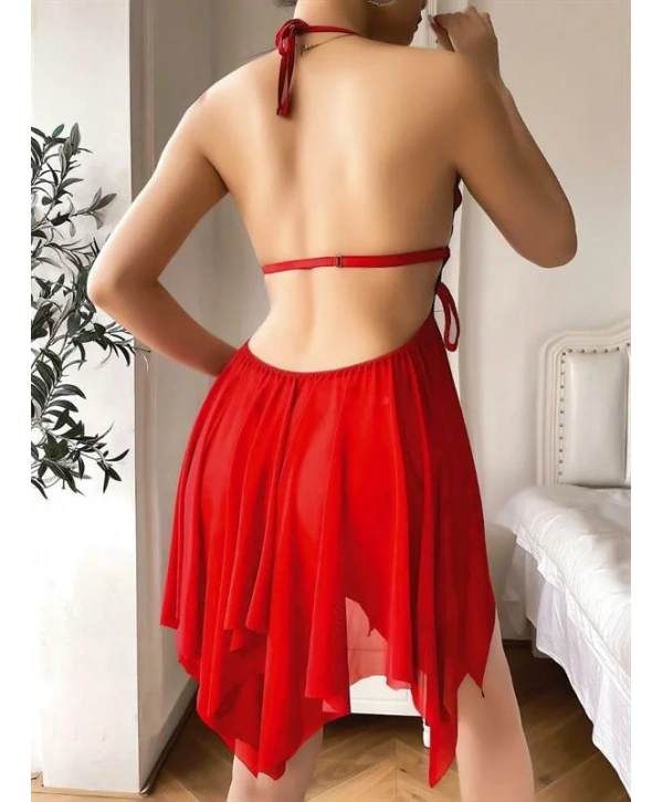 Morliva Göğüs Kelebek Detaylı Fantezi Tül Kırmızı Gecelik