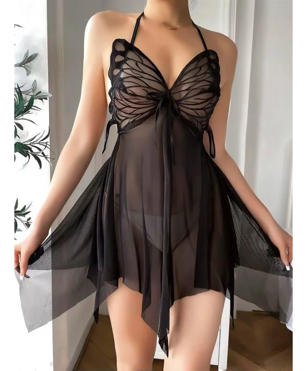 Morliva Göğüs Kelebek Detaylı Fantezi Tül Siyah Gecelik
