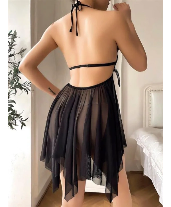 Morliva Göğüs Kelebek Detaylı Fantezi Tül Siyah Gecelik