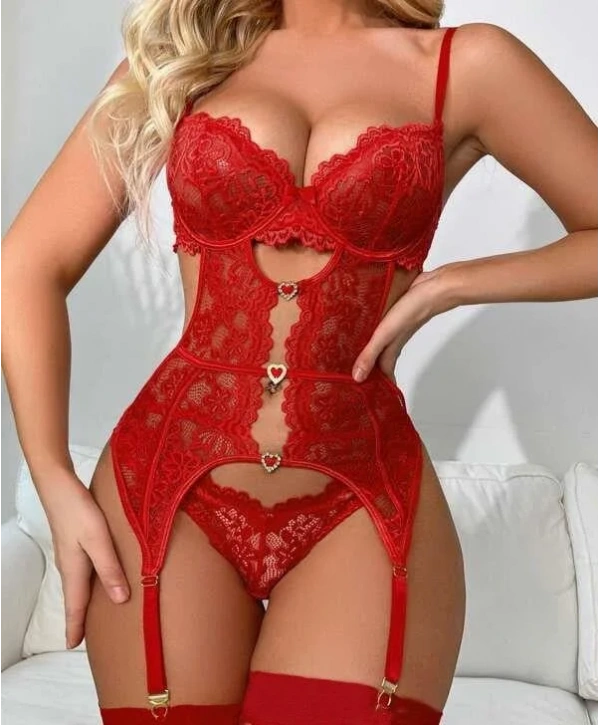 Kalp Aksesuarlı Dantelli Fantezi Kırmızı Jartiyer Takım