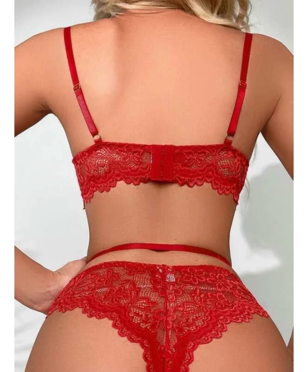 Kalp Aksesuarlı Dantelli Fantezi Kırmızı Jartiyer Takım