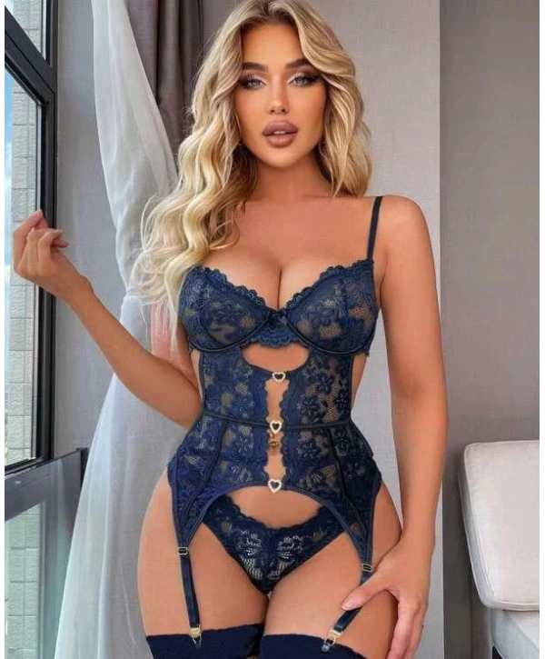 Kalp Aksesuarlı Dantelli Fantezi Mavi Jartiyer Takım