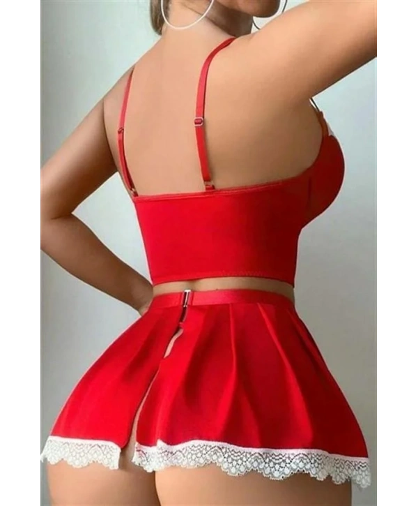 Arias Closet Kırmızı Beyaz Bacak Aksesuarlı Büstiyerli Fantezi Hizmetçi Kostümü