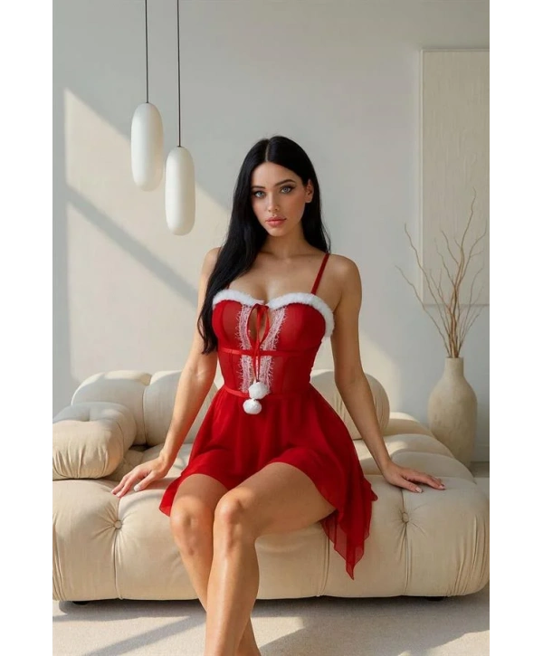 Arias Closet Kırmızı Dantel İşlemeli Fantezi Yılbaşı Özel Tül Gecelik