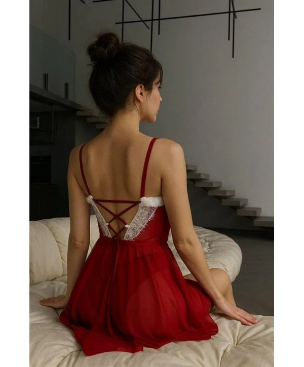 Arias Closet Kırmızı Dantel İşlemeli Fantezi Yılbaşı Özel Tül Gecelik