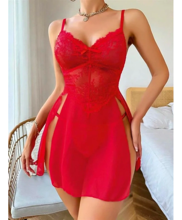 Arias Closet Kırmızı Dantel İşlemeli Fiyonk Detaylı Yanları Dekolteli Fantezi Gecelik