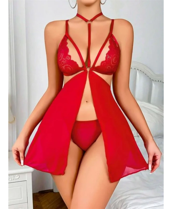 Arias Closet Kırmızı Dantel İşlemeli İp Detaylı Dekolteli Fantezi Tül Gecelik