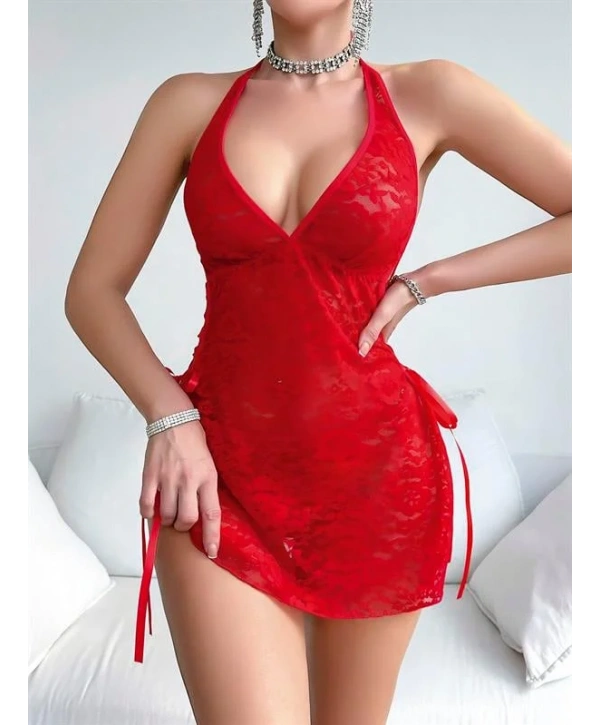 Morliva Kırmızı Dantel İşlemeli Yandan Bağlamalı Fantezi Tül Gecelik