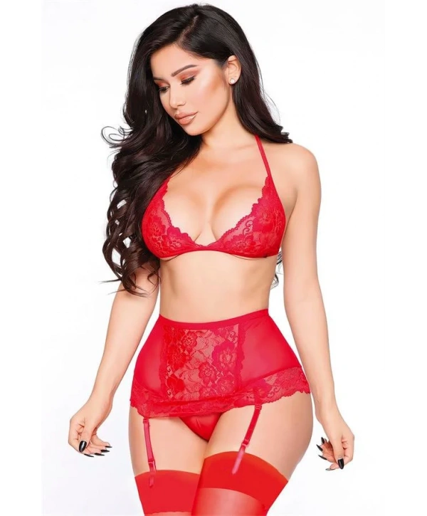 Morliva Kırmızı Dantelli Fantezi Sütyenli Jartiyer Takımı