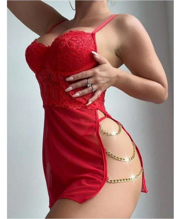 Arias Closet Kırmızı Dantelli Zincir Detaylı Tül Fantezi Gecelik