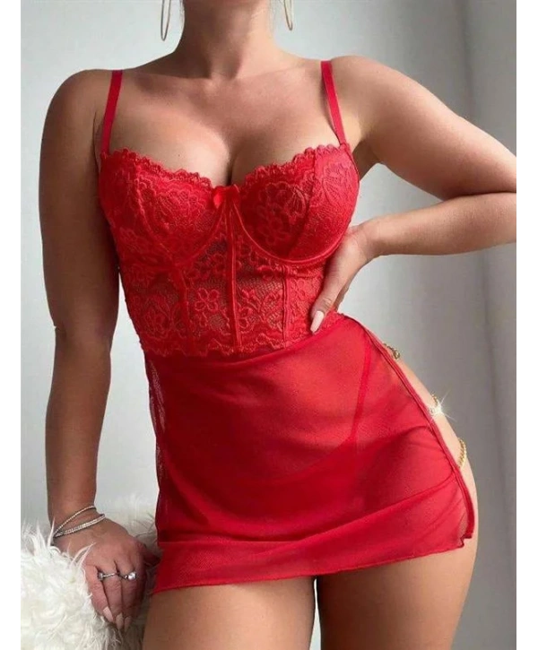 Arias Closet Kırmızı Dantelli Zincir Detaylı Tül Fantezi Gecelik