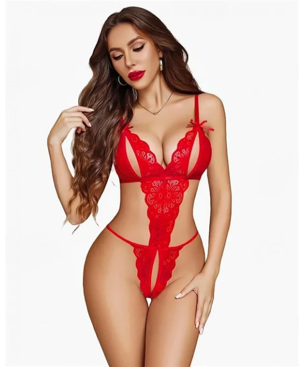 Morliva Özel Bölgesi Açık Göğüs Detaylı Kırmızı Fantezi Body