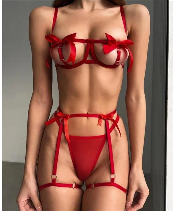 Morliva Özel Tasarım Kırmızı Kurdela Detaylı Jartiyerli Fantezi Sütyen String Takımı