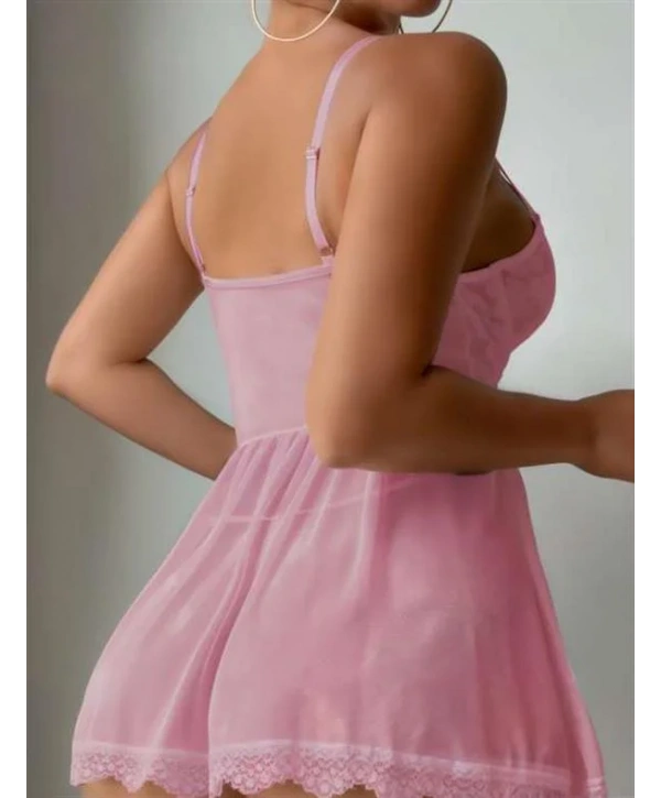 Arias Closet Özel Tasarım Pembe Dantel İşlemeli Tül Fantezi Gecelik