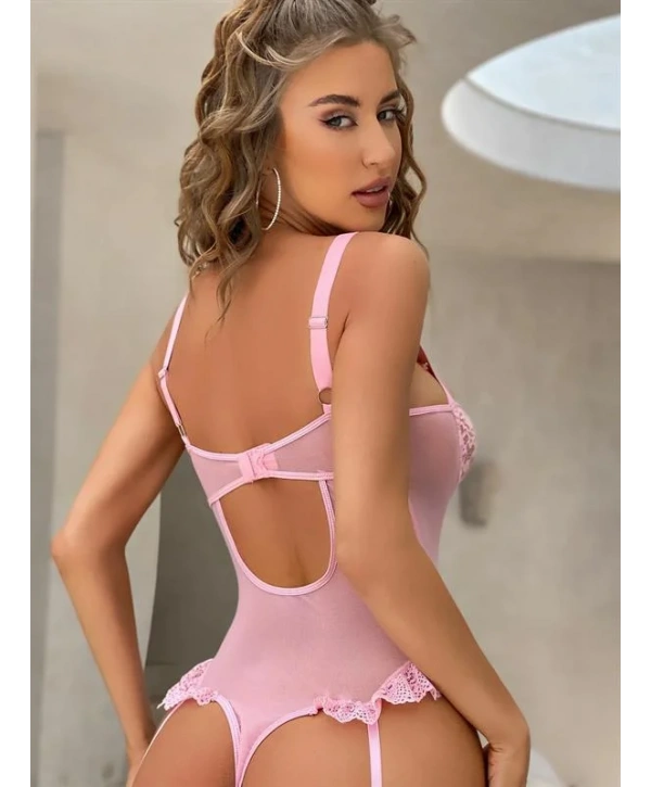 Özel Tasarım Pembe Dantelli Fantezi Jartiyer Takımı