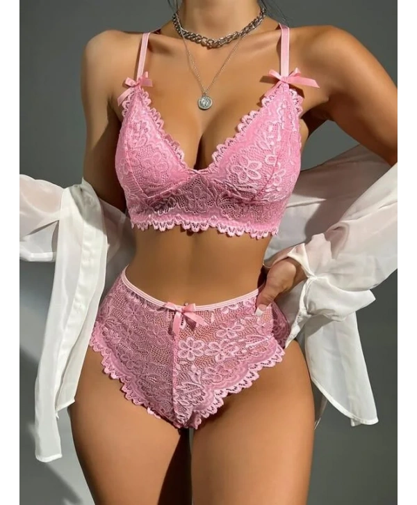 Pembe Dantelli Fantezi Bralet Sütyen Takımı