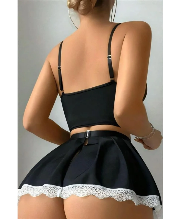 Arias Closet Siyah Beyaz Bacak Aksesuarlı Büstiyerli Fantezi Hizmetçi Kostümü