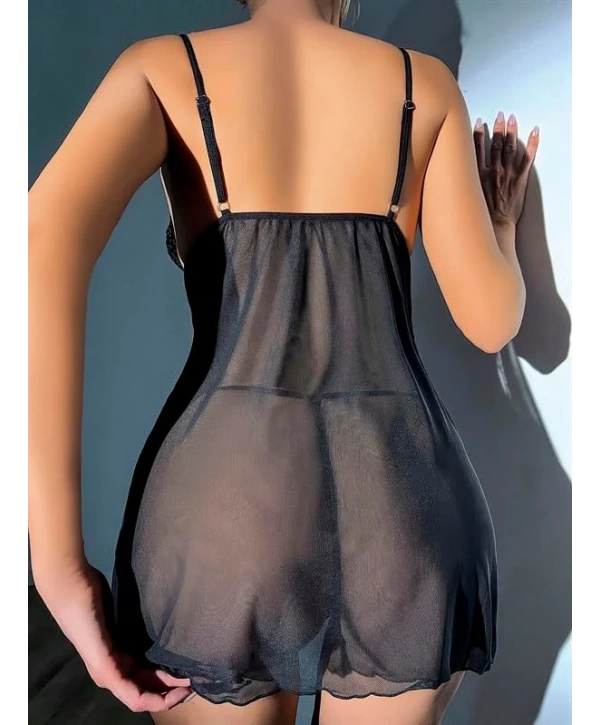 Morliva Siyah Dantel İşlemeli Önden Bağlamalı Fantezi Şık Tül Gecelik