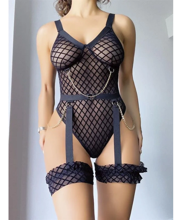 Siyah File Görünümlü Jartiyerli Body Takım