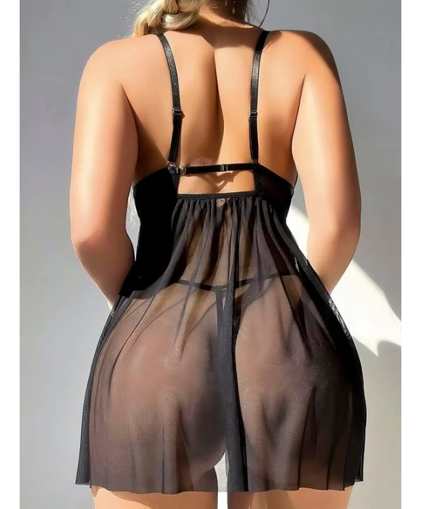 Morliva Siyah Göğüs Detaylı Yırtmaçlı Fantezi Tül Gecelik