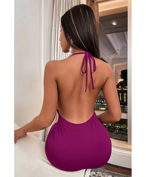 Fuşya Sırt Dekolteli Mini Elbise